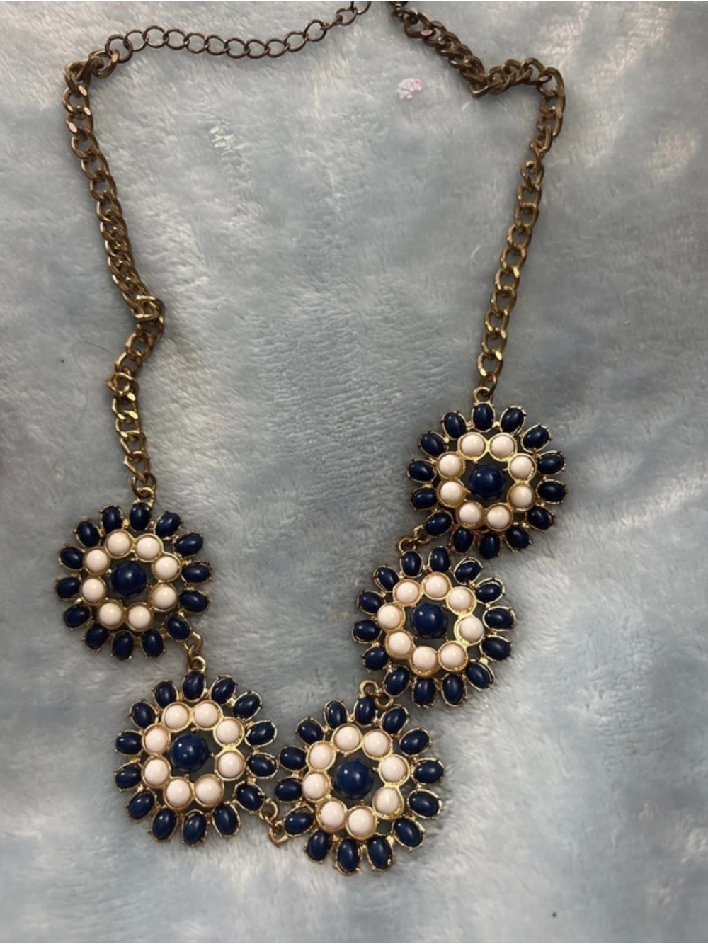 Gold-Tone Navy and white Floral flower Cluster Necklace